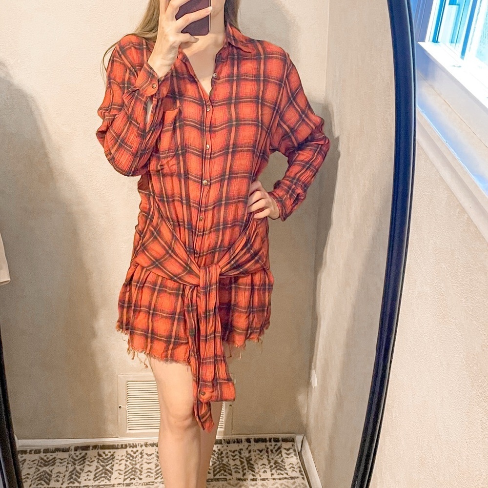 Free People One Plaid Shirt Dress Mini Long Sleeve Red